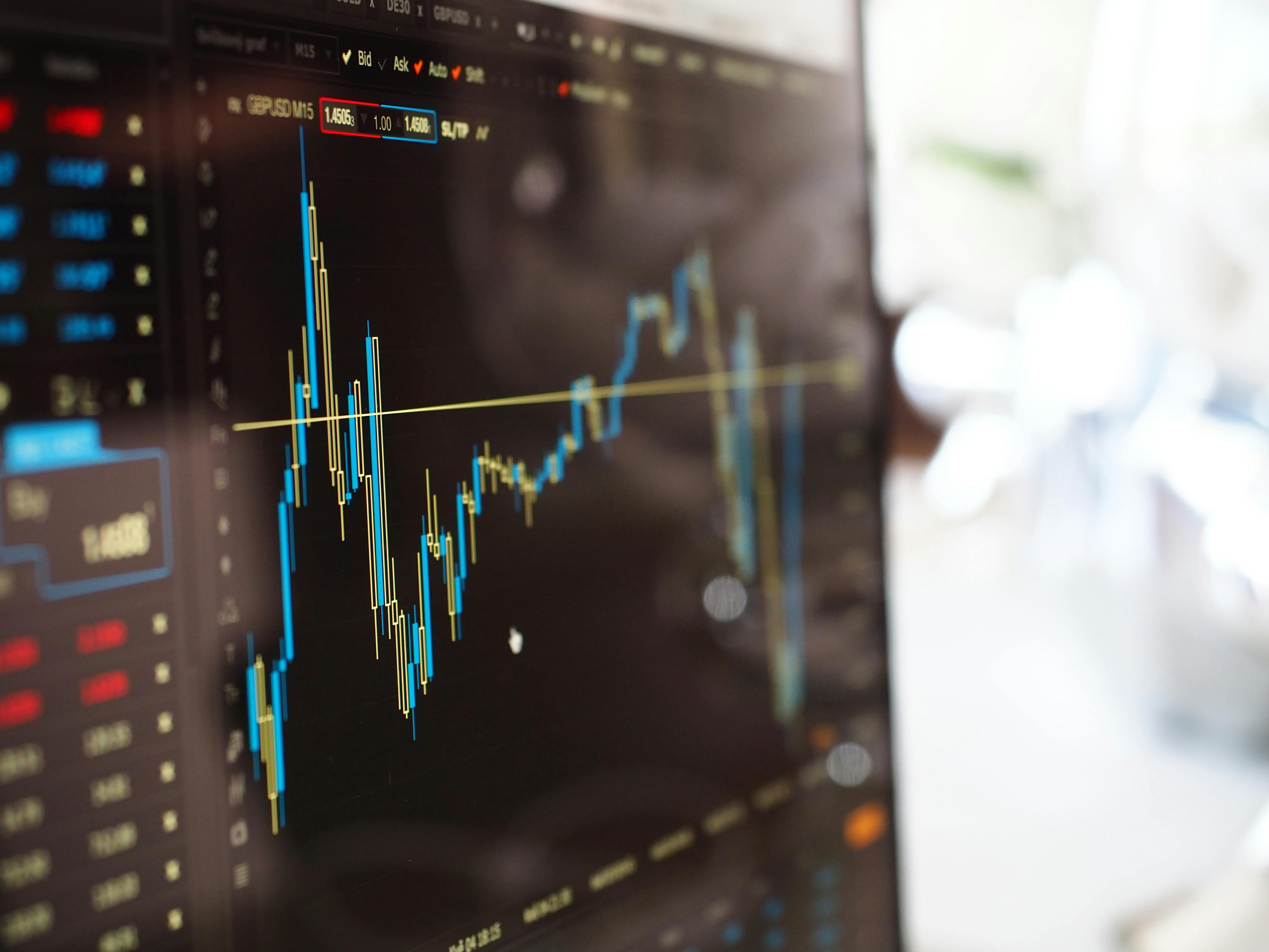 Financial trading graphs and stock market data displayed on a monitor screen